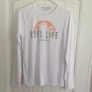 Reel Life Men’s Long Sleeve Performance Tee - White with Peach/Teal Graphic